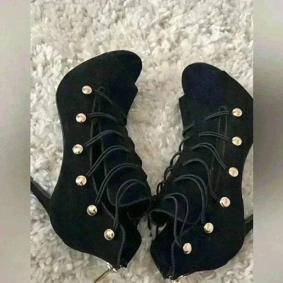 Jessica Simpson black suede like open toe elastic strap heels - Picture 5 of 10